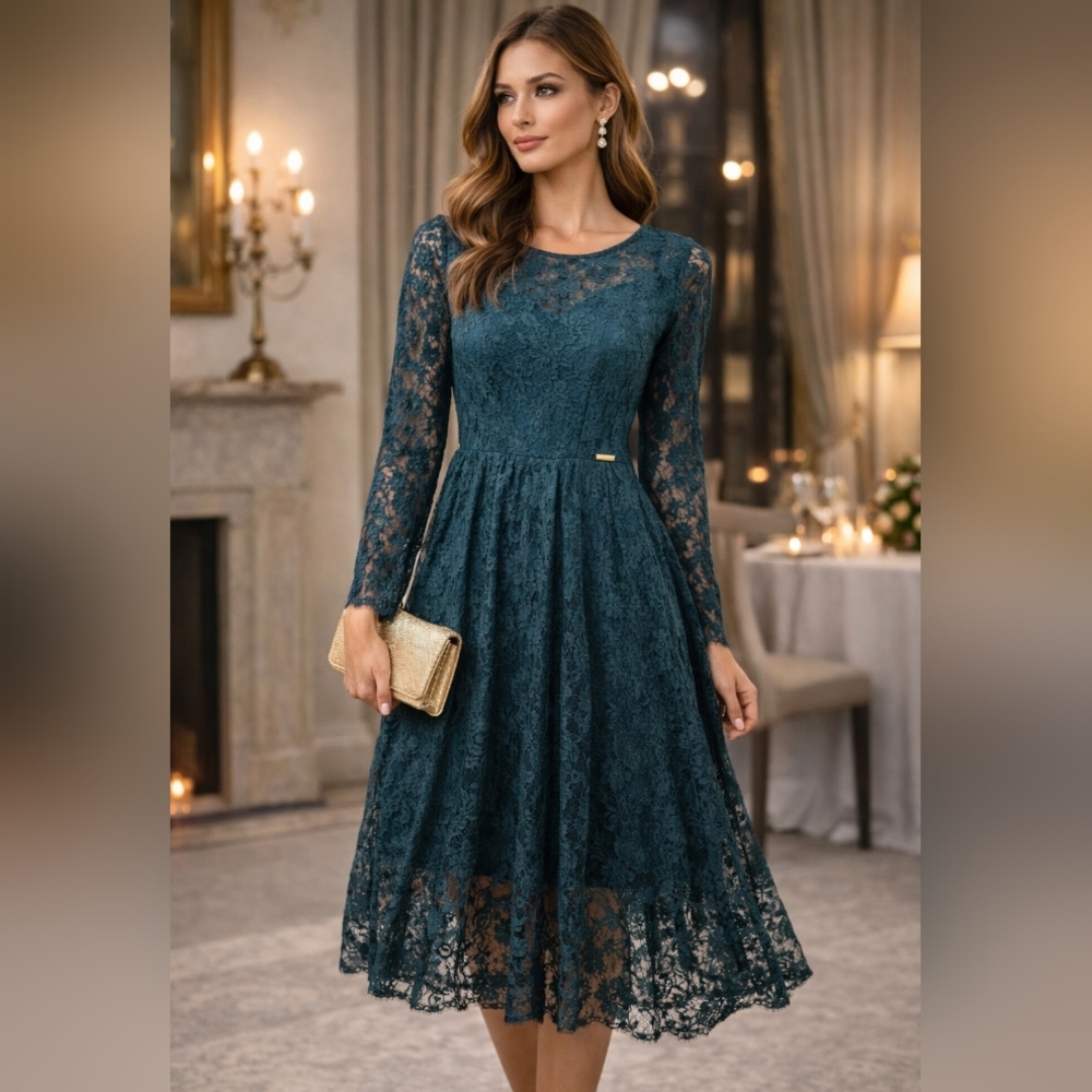 229-Rinascimento Teal‎ Long Sleeve Lace Dress High Low
